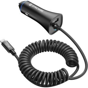 imageApple MFi Certified Syncwire iPhone Car Charger 32W Super Fast Car Phone Charger Cigarette Lighter USB Car Adapter with Buildin 5FT Coiled Lightning Cable for Apple iPhone 14131211XRMax iPad65FT