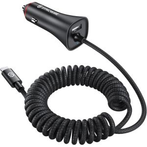 imageApple MFi Certified Syncwire iPhone Car Charger 32W Super Fast Car Phone Charger Cigarette Lighter USB Car Adapter with Buildin 5FT Coiled Lightning Cable for Apple iPhone 14131211XRMax iPad5FT