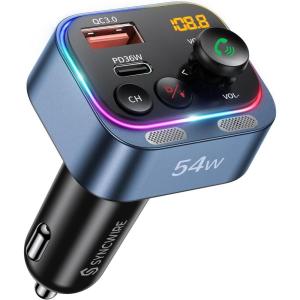 imageSyncwire Bluetooth 54 FM Transmitter Car Adapter 54W PD 36W ampamp 18W Stronger Dual Mics Light Switch HiFi Bass Sound Fast Charging Wireless Radio Receiver HandsFree Calling LED DisplayBlue