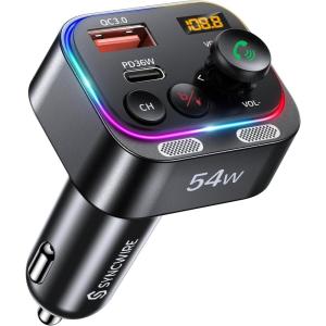 imageSyncwire Bluetooth 54 FM Transmitter Car Adapter 54W PD 36W ampamp 18W Stronger Dual Mics Light Switch HiFi Bass Sound Fast Charging Wireless Radio Receiver HandsFree Calling LED DisplayBlack