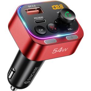 imageSyncwire Bluetooth 54 FM Transmitter Car Adapter 54W PD 36W ampamp 18W Stronger Dual Mics Light Switch HiFi Bass Sound Fast Charging Wireless Radio Receiver HandsFree Calling LED DisplayRed