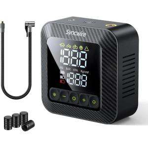 imageSyncwire Tire Inflator Portable Air Compressor 150PSI Air Pump for Car Tires 3X Faster Inflation Electric Smart Tire Pump with ExtraLarge LCD Dual Value Display Free Car Tire Valve Caps AutoOffCarbon Fiber