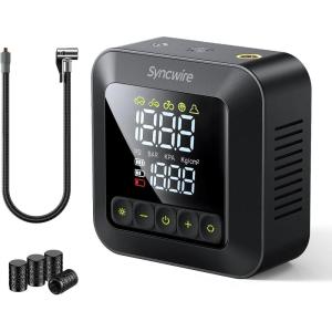 imageSyncwire Tire Inflator Portable Air Compressor 150PSI Air Pump for Car Tires 3X Faster Inflation Electric Smart Tire Pump with ExtraLarge LCD Dual Value Display Free Car Tire Valve Caps AutoOffBlack