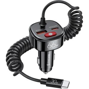 imageSyncwire USB C Car Charger with Battery Leakage Prevention 66W Super Fast Car Adapter with PD ampamp QC 30 Built in 6FT Type C Coiled Cable for iPhone 1615 Series Samsung GalaxyGoogle PixeliPad Pro