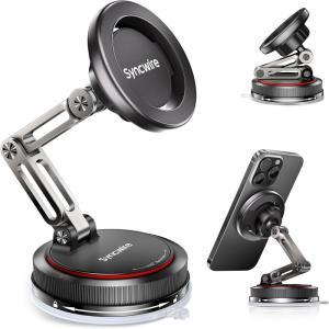 imageSYNCWIRE MagSafe Car Phone Mount 3Axis Double Folding Design Strong Suction Cup Phone Holder 360 Rotation Compatible with iPhone 1215 Series ampamp MagSafe Cases Carbon Fiber Head Gloss Black Arm3Axis  Black