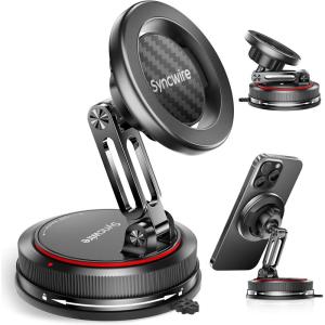 imageSYNCWIRE MagSafe Car Phone Mount 3Axis Double Folding Design Strong Suction Cup Phone Holder 360 Rotation Compatible with iPhone 1215 Series ampamp MagSafe Cases Carbon Fiber Head Gloss Black Arm2Axis  Carbon Fiber