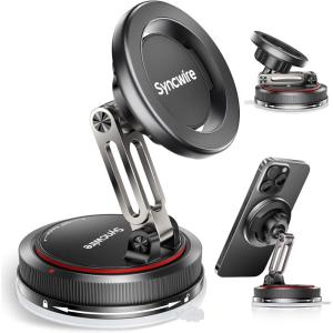 imageSYNCWIRE MagSafe Car Phone Mount 3Axis Double Folding Design Strong Suction Cup Phone Holder 360 Rotation Compatible with iPhone 1215 Series ampamp MagSafe Cases Carbon Fiber Head Gloss Black Arm2Axis  Black