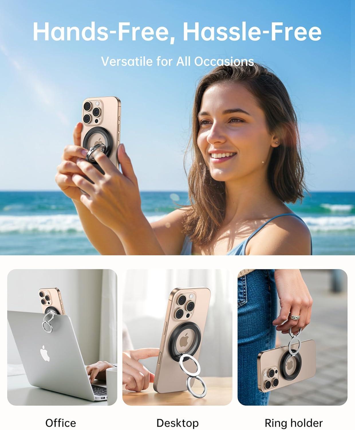 imageSYNCWIRE Magnetic Phone Ring Holder for MagSafe 2 Pack 360 Rotation Dual Sided Magnet Grip Cell Phone Ring Stand Finger Kickstand Compatible with iPhone 17 16 15 14 13 12 Pro Max fits MagSafeDual RingBlackDesert Gold
