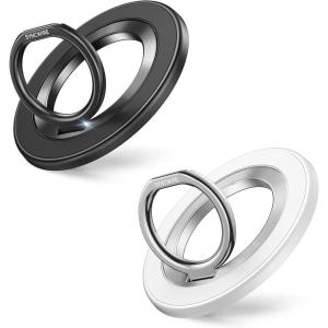 imageSYNCWIRE Magnetic Phone Ring Holder for MagSafe 2 Pack 360 Rotation Dual Sided Magnet Grip Cell Phone Ring Stand Finger Kickstand Compatible with iPhone 17 16 15 14 13 12 Pro Max fits MagSafeSingle Ring2PCSBlackWhite