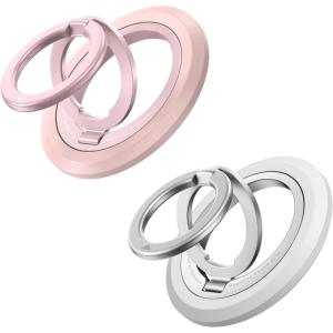 imageSYNCWIRE Magnetic Phone Ring Holder for MagSafe 2 Pack 360 Rotation Dual Sided Magnet Grip Cell Phone Ring Stand Finger Kickstand Compatible with iPhone 17 16 15 14 13 12 Pro Max fits MagSafeDual Ring2PCSPinkWhite
