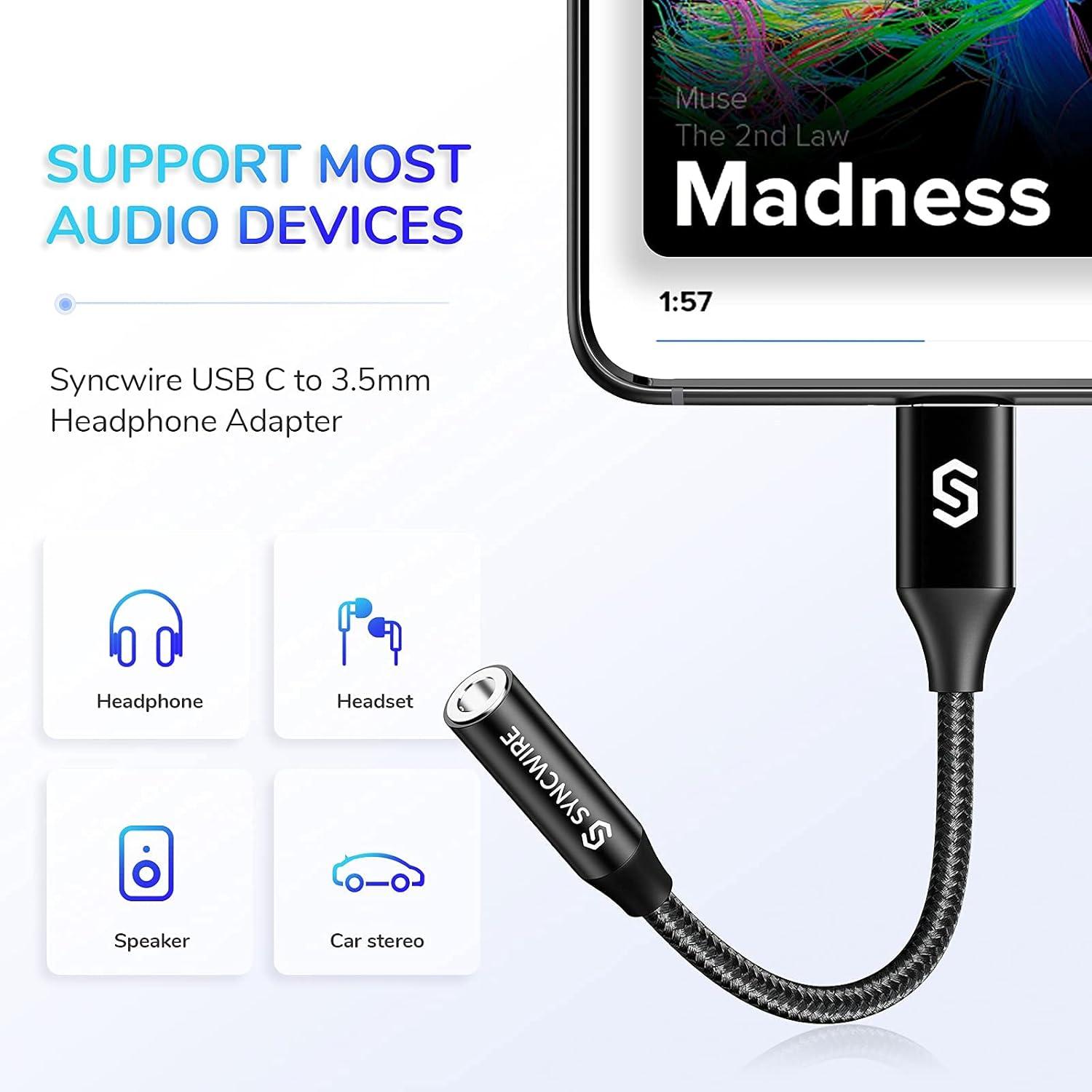 image:imageSyncwire USB C to 35mm Female Headphone Adapter USB Type C to Aux Audio Jack Dongle Cable Cord Compatible with Pixel 6 4 3 XLSamsung Galaxy S22 S21 S20 Ultra Note 20 10 S10 S9 PlusiPad ProBlack